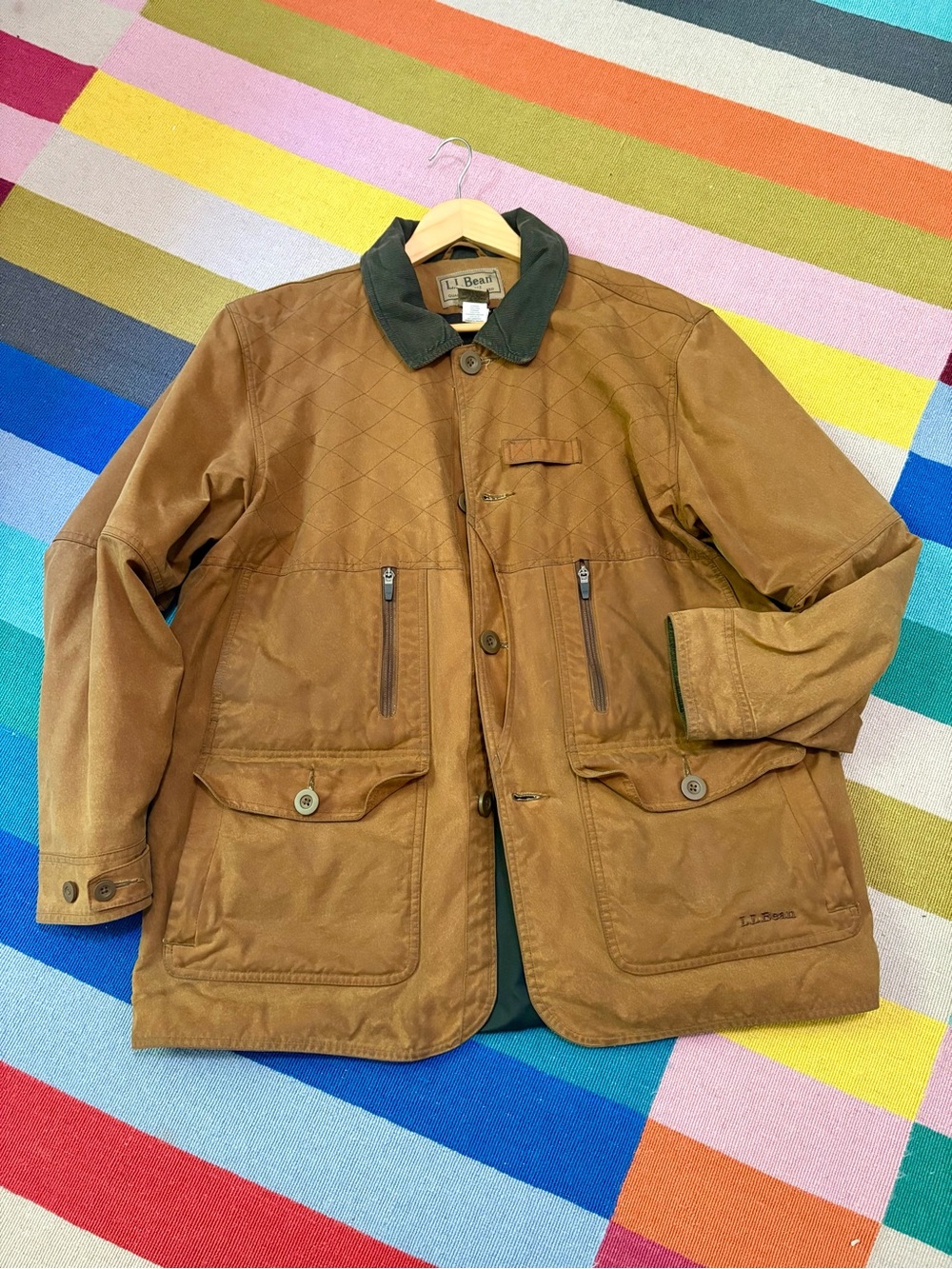 L.L. Bean Brown Waxed Cotton Field Jacket with Dark Green Cord Collar